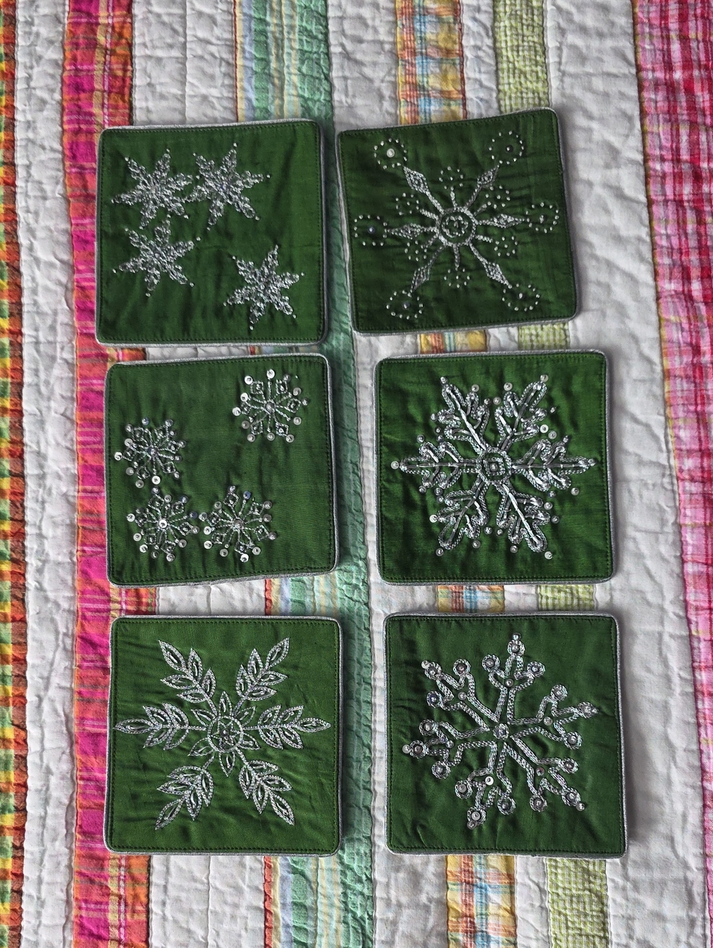 Crate & Barrel Dark Green Snowflake Coaster Set of 6